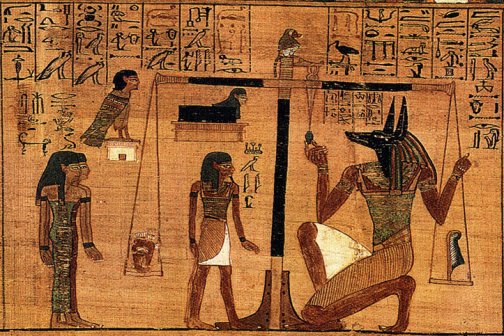 Fig. 1. The weighing of the heart depicted in the Egyptian Book of the Dead, overseen by the jackal-headed Anubis, the god of embalming. Courtesy of the British Museum, via Wikimedia Commons